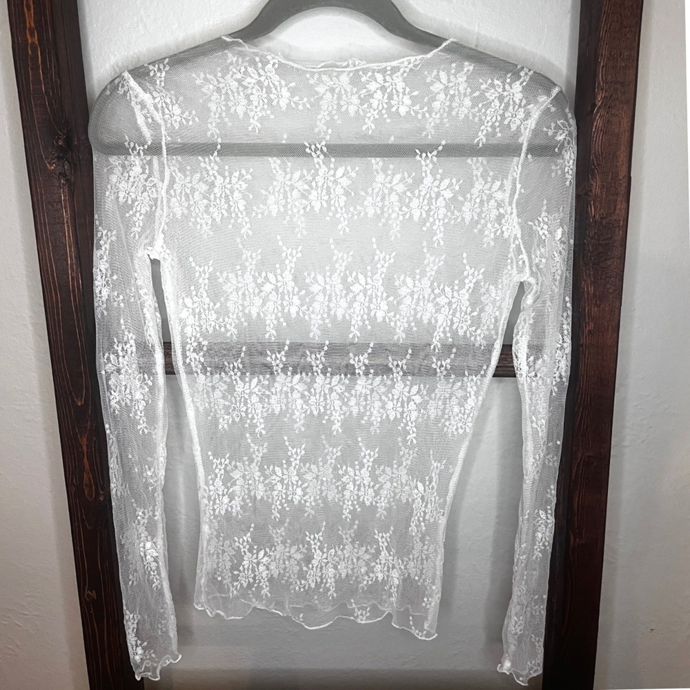 White Floral Lace Sheer Long Sleeve Mesh Top Lettuce‎ Edge Crew Neck Small Layer